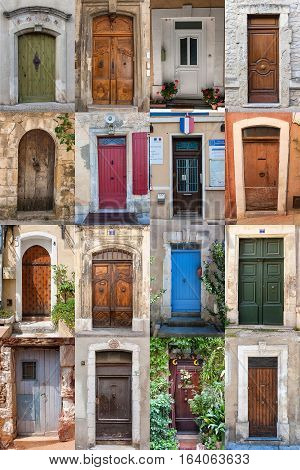 A photo collage of sixteen doors of houses.