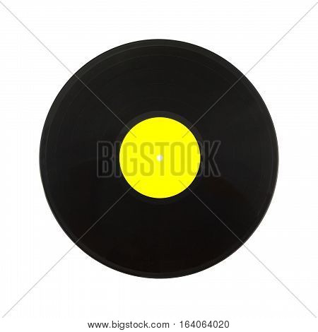 Single black long-play vinyl record with yellow label isolated on white background. Square Photo closeup
