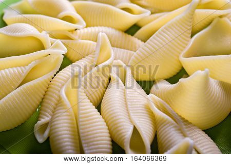 Cooked traditional Italian conchiglioni rigati pasta close up on green background.