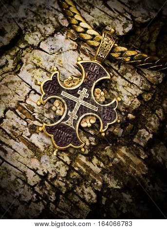 gold cross on a tree bark christianity, smutty, trust,