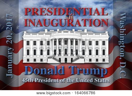 The United States Presidential Inauguration of Donald Trump commemorated in text and illustration of the White House against a flag background.