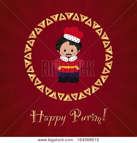 Jewish holiday of Purim. Greeting card with Achashverosh Happy Purim. Vector illustration of fun characters in cartoon style on dark red background.