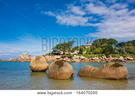 Pink Granite Coast in Brittany near Ploumanach France.