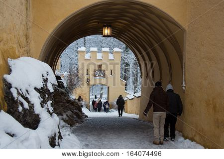 Fussen Germany - December 26 2014: view of main gate of Hohenschwangau Castle in winter time on December 26 2014 near Fussen Germany.