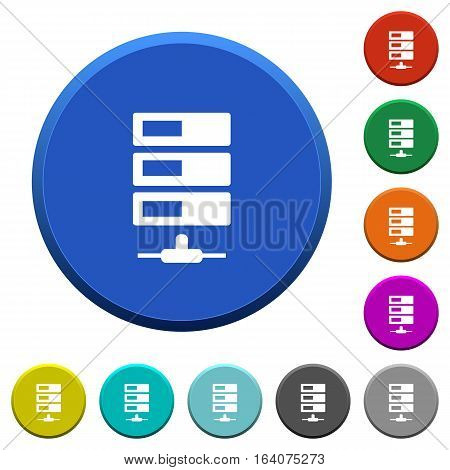 Data network round color beveled buttons with smooth surfaces and flat white icons