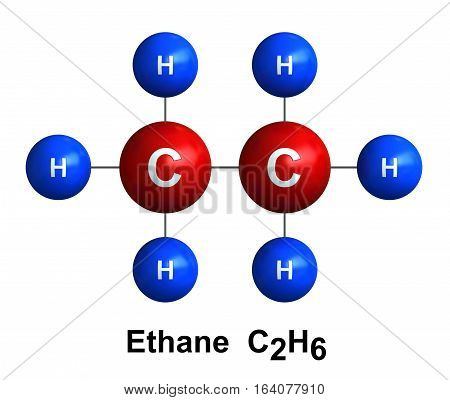 3d render of molecular structure of ethane isolated over white background Atoms are represented as spheres with color and chemical symbol coding: hydrogen(H) - blue carbon(C) - red