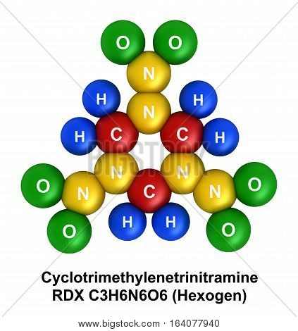 3d render of molecular structure of cyclotrimethylenetrinitramine (RDX Hexogen) isolated over white background Atoms are represented as spheres with color and chemical symbol coding: hydrogen(H) - blue oxygen(O) - green nitrogen(N) - yellow carbon(C) - re
