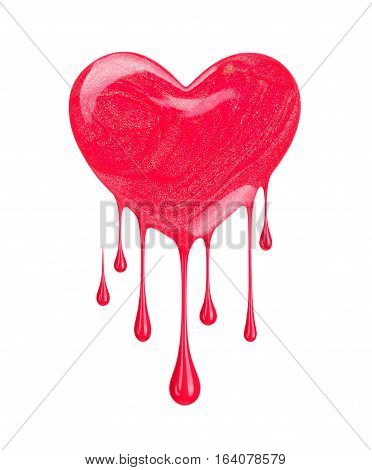 plash of nail polish in the form of heart with drops isolated on white background