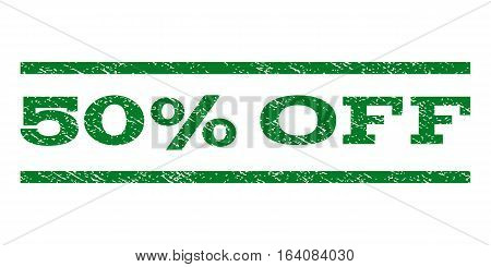 50 Percent Off watermark stamp. Text caption between horizontal parallel lines with grunge design style. Rubber seal green stamp with unclean texture. Vector ink imprint on a white background.