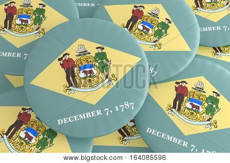 US State Buttons: Pile of Delaware Flag Badges 3d illustration