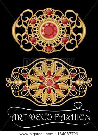 Art deco brooch with red gems ruby or garnet golden filigree antique jewel. Gorgeous goldsmith work jewellery made of brass
