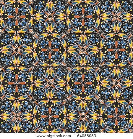 Fine oriental colorful carpet or ceramic ornament in orange and blue colors with white curves on black background vector symmetric geometric patterns