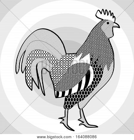 Cock black and white drawing. Hatched picture of majestic rooster on concentric circle patterned gray background. Template for tattoo restaurant emblem poultry breeding farm brand Chinese horoscope - Year of the Rooster
