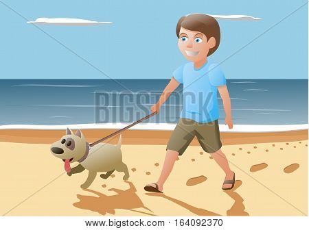 boy and dog walking on the beach