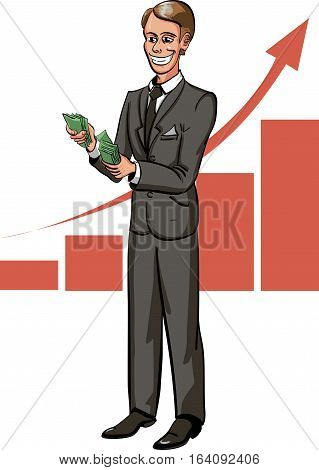 Cartoon businessman  count money with growth chart on background.
