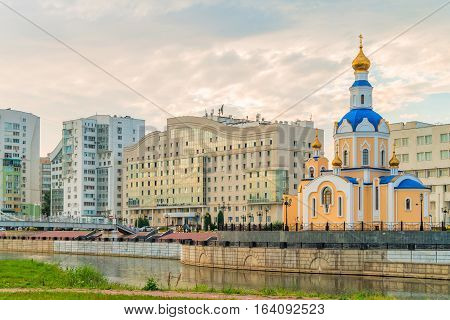 BELGOROD RUSSIA - JULY 04 2016: Church of the Archangel Gabriel Belgorod State University dormitory on embankment of river Vezelka.