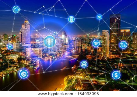 Smart city and wireless communication network business district with office building abstract image visual internet of things concept
