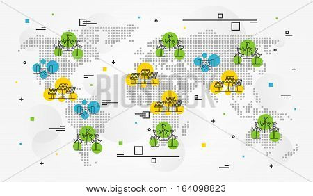 International eco energy vector illustration with decorative elements. Alternative ecological source of energy creative concept. Wind electricity sun electric station hydro electrostation elements.