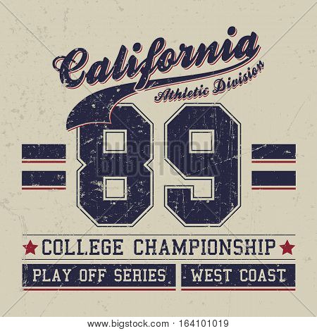 Vintage Sport Wear California T-shirt Design, Athletics Typography. Easy to manipulate, re-size or colorize.