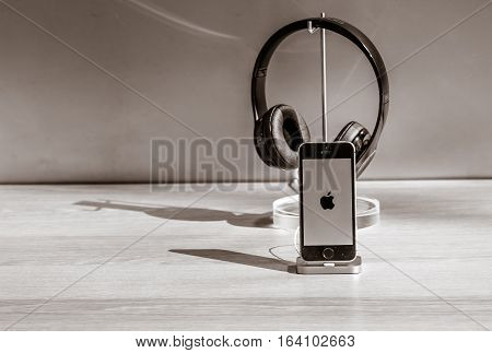 New York October 5 2016: The new iPhone 7 with headsets are on display in the Apple store on Manhattan's Upper West Side.