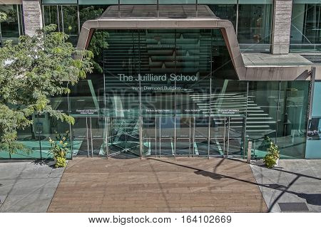 New York October 5 2016: Facade of the Juiliard School is seen on a sunny day in Manhattan.