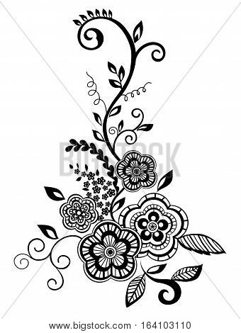 Beautiful floral element. Black-and-white flowers and leaves design element with imitation guipure embroidery.