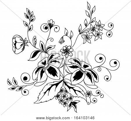 Beautiful floral element. Black-and-white flowers and leaves design element with imitation guipure embroidery.