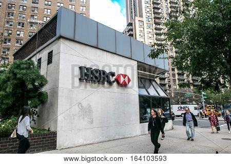 New York, September 28, 2016: People walk by an HSBC retail location in Manhattan.