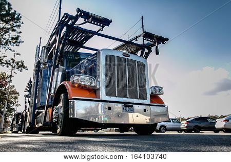 New Jersery December 10 2016: Truck with a double decker structure for shipping cars on a parking lot of a rest area on Garden State Parkway.