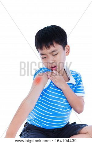 Closeup Of Asian Child Injured At Shoulder. Isolated On White Background.