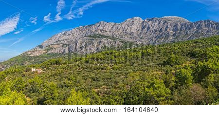 Tucepi view of the Biokovo, second-highest mountain range in Croatia, located along the Dalmatian coast of the Adriatic Sea.