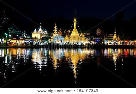 Burmese Architectural Style of Wat Chong Klang and Wat Chong Kham at night. Mae Hong Son Northern Thailand
