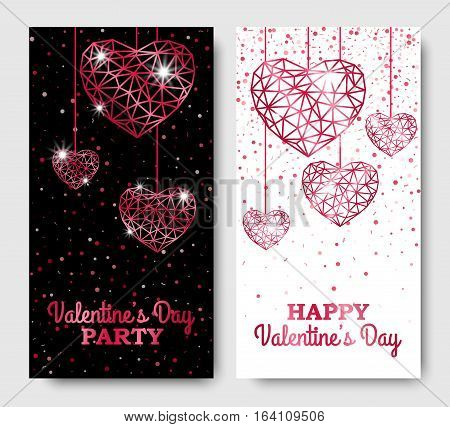 Happy Valentines Day vertical Leaflets with Lattice Magenta Hanging Hearts. Vector illustration. Glowing Invitation Template.