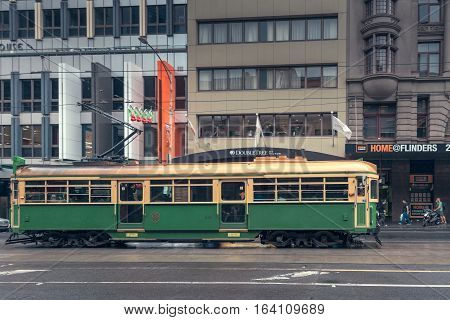 melbourne Australia - December 27 2016: Melbourne City Circle Tram at Flinders Street. The service is the most famous iconic transportation in the central business district which passing through major tourist attractions and linking with other tram train