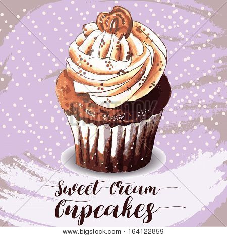 Hand drawn of tasty Cupcake. Watercolor vector illustration. Sweet cream Cupcakes.