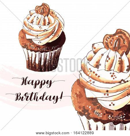 Hand drawn of tasty Cupcake. Happy birthday. Watercolor vector illustration.