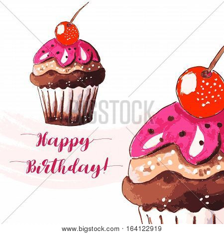 Hand drawn of tasty Cupcake Happy Birthday. Watercolor vector illustration.