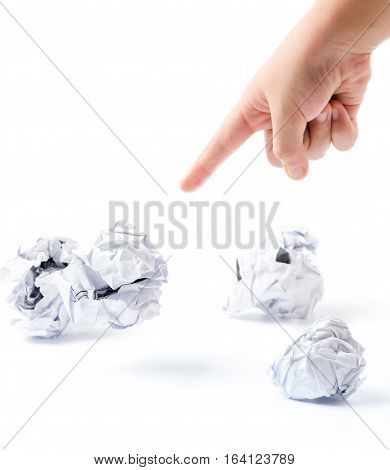 Little Hand Pointed The Finger To Crumpled Paper
