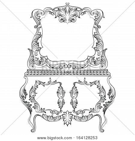Fabulous Baroque Console Table and Mirror frame set. Vector French Luxury rich carved ornaments. Victorian wealthy Style furnitures