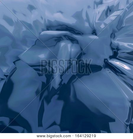Background of glitch manipulations with 3D effect. Abstract flow of crystals with glass texture in blue shades. It can be used for web design and visualization of music