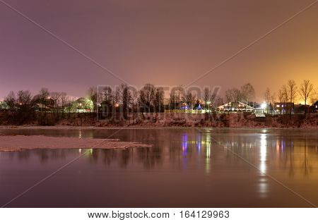 View of Neva River at evening on the outskirts of St. Petersburg Russia.