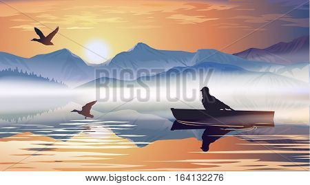 Vector illustration of a man floating in a boat on the lake