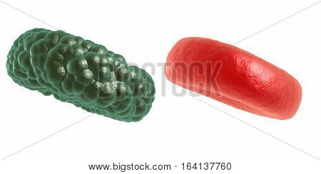 Green illness and red blood cell. 3d render on white. Healthcare and medical concept.