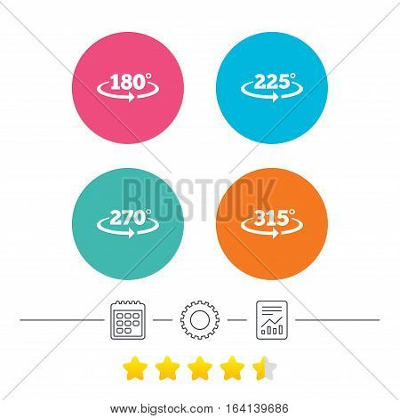 Angle 180-315 degrees icons. Geometry math signs symbols. Full complete rotation arrow. Calendar, cogwheel and report linear icons. Star vote ranking. Vector