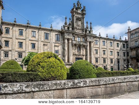 Santiago de Compostela , Spain. Monastery of St. Martin Pinario . Clear sunny day , the sky white clouds float .