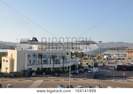 OLBIA , Sardinia , Italy - August 25, 2016 : MSC CRUSE  ferry navigating between the island of  EUROPE