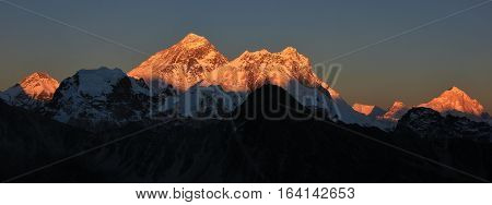 Sunset view from Gokyo Ri. Mount Everest Nuptse and other high mountains.