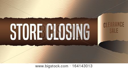 Store closing vector banner illustration flyer poster. Elegant template design element with golden paper tear off for clearance sale