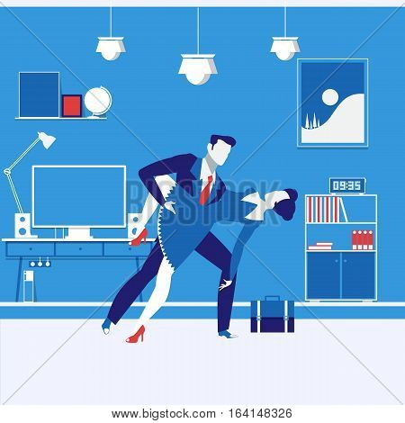 Vector illustration of business partners man and woman. Couple dancing passionate tango. Office interior. Business relationships concept design element in flat style.
