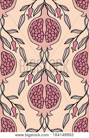 Pink floral pattern. Seamless vector ornament with pomegranate. Stylized template for wallpaper textile linen bedspread curtain shawl tile carpet and any surface.